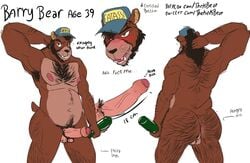 alcohol anthro armpit_hair barry_bear_(thekbear) beer beverage blush body_hair bottle brown_bear butt_hair chest_hair clothing drunk english_text facial_hair fangs genitals green_eyes half-closed_eyes hat headgear headwear hi_res male male_only mammal musclegut narrowed_eyes nipples nude penis profanity pubes solo substance_intoxication text thekinkybear tusks uncut url ursid ursine