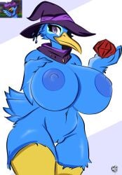 absurd_res anthro avian big_breasts bird blue_body blue_fur breasts chiki's_chase dark_eyes digital_drawing_(artwork) digital_media_(artwork) female fur furkobayashi genitals gilda_(chiki's_chase) hi_res huge_breasts hybrid magic_user plumage reference_image solo style_crossover vulva