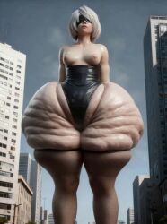 ai_generated bbw black_legwear blindfold blindfolded blindfolded_female bob_cut bottom_heavy cellulite cellulite_ass chunky_thighs city city_background cityscape civitai covered_pussy deep_skin doughy_ass doughy_butt enormous_ass extreme_cellulite fat_ass fat_hips fishnet_legwear fishnets giantess huge_areolae huge_nipples hyper hyper_ass hyper_hips latex leotard lips messygirls nier:_automata nier_(series) obese obese_female pale_skin rumbling shiny_clothes shiny_skin size_difference skindentation small_breasts tagme tall_female taller_female taller_girl video walking walking_towards_viewer white_hair yorha_2b