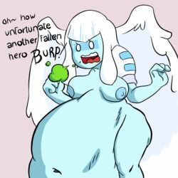 1girls adventure_time angel angel_girl angel_pred angel_wings belly big_belly blue_skin breasts burping cartoon_network digestion female female_pred finn_the_human guardian_angel_(adventure_time) hero_prey human_prey male_prey nipples nude nude_female unknownguy404 vore white_hair wings