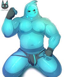 2020 absurd_res anthro big_muscles blue_body bulge clothing epic_games fermrviper fingerless_gloves fortnite furry gay gay_male genital_outline gloves goo_creature goo_humanoid handwear hi_res humanoid kneeling male male_only muscular muscular_male navel nipples pecs penis_outline raised_arm rippley simple_background slurp_(fortnite) smile solo solo_male tongue tongue_out underwear video_games white_background