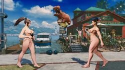 2girls 3d akiman_pose animated barefoot blue_sky breast_press breasts brown_eyes brown_hair capcom chun-li clash_of_breasts_(meme) cloud collarbone completely_nude double_bun fatal_fury fatal_fury:_city_of_the_wolves female female_focus folding_fan game_screenshot hair_bun hair_ribbon hand_fan high_ponytail highres holding holding_fan large_breasts long_hair mai_shiranui male matching_hair/eyes mod multiple_girls navel nipples nude nude_filter nude_mod outdoors ponytail ribbon sky snk street_fighter street_fighter_6 subtitled symmetrical_docking tagme thick_thighs thighs video video_game_screencap walking yellow_hair_ribbon yellow_ribbon
