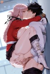 1boy 1girl1boy 1girls ai_generated ass ass_grab black_hair black_skirt braid breast_press breasts_out closed_eyes codemistake expressionless expressionless_sex female florence_nightingale_(fate) fujimaru_ritsuka_(male) hug kissing knees_up leaning_forward lifting_person pants_pull patreon patreon_link patreon_logo patreon_url patreon_username penis pink_hair pleated_skirt red_eyes sex testicles unbuttoned upright_straddle white_gloves white_shirt