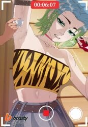 1boy 1girls 2026 angry annoyed arm_up armpits arms_up artist_name artist_signature athletic athletic_female bare_shoulders black_nails blue_hair breasts cameo_(fortnite) choker cleavage clothed clothing collar dialogue female fingerless_gloves fortnite gloves green_eyes green_hair ice ice_cube kuji_moshi_suzu light-skinned_female light-skinned_male light_skin looking_at_another navel recording short_hair standing sweat sweating text two-tone_hair video_games
