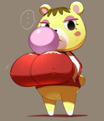 ... animal_crossing anthro big_breasts blush blush_stickers bodily_fluids bottomless breasts brown_hair bubble bubble_gum candy clothed clothing eyeshadow female food fur genitals gum hair hi_res huge_breasts jacket makeup mammal nintendo nipple_outline obikuragetyan pussy shortstack solo speech_bubble sweat sweatdrop tammy_(animal_crossing) top_heavy topwear ursid video_games yellow_body yellow_fur