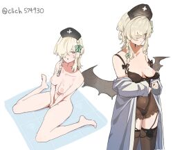 1girls babydoll barefoot bottomless braid breasts breasts_out clich574930 fake_wings fedorov_(girls'_frontline) female female_only girls'_frontline green_eyes green_hair kneeling lingerie long_hair medium_breasts mole mole_on_breast mole_on_thigh multiple_angles naked navel nipples nude nurse_cap panties pubic_hair pubic_hair_peek see-through see-through_clothing standing strap_slip sweat sweatdrop thighhighs topless transparent_clothing wardrobe_malfunction wariza wings
