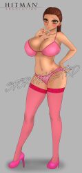 bikini brown_hair christie_murray earrings high_heels hitman hitman_absolution huge_breasts large_breasts pink_bikini pink_bra pink_footwear pink_panties pink_thong stockings stormhazard stripper stud_earrings thick thick_thighs thighs