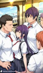 1girls ai_generated breasts covered_nipples encoder female haitekudasai_takamine-san large_breasts long_hair multiple_boys no_panties no_underwear outdoors pressed_against pressing_breasts public school_uniform skirt subway surrounded takamine_takane tie train uncensored white_shirt