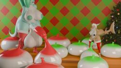 16:9 3d auzi balls big_balls big_breasts breasts christmas christmas_clothing clothing cock_vore condom condom_disposal duo eyewear fish genitals glasses green_hair gynomorph hair herm hi_res holidays intersex lizard marine penile penis plant reptile rose_(fairyfud) scalie shark tree vore white_hair widescreen z-z