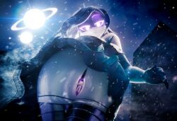 3d anus ass big_ass clothed cloud down_angle down_view female female_only glossy_body murder_drones night night_sky purple_eyes purple_hair pussy render robot robot_girl short_hair uzi_(murder_drones) uzi_doorman wet_body