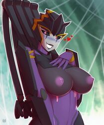 1girls airachnid alien alien_girl areolae big_breasts black_lipstick blush breasts busty female female_only flirting grin hand_on_breast heart looking_at_viewer machine mechanical nipples pink_eyes purple_nipples purple_skin roadiesky robot robot_girl spider spider_legs spider_web transformers transformers_prime