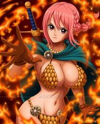 big_breasts bikini bikini_armor bikini_bottom bikini_top breasts brown_gloves devil_fruit devil_fruit_power devil_fruit_user female female_only female_warrior fire gloves one_piece pink_hair pony ponytail ponytail_female rakkarts rebecca_(one_piece) scale_armor scales spade