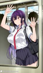 1girls ai_generated breasts covered_nipples crowd encoder female glass haitekudasai_takamine-san large_breasts long_hair no_panties no_underwear outdoors pressed_against pressed_on_glass pressing_breasts public school_uniform skirt subway takamine_takane tie train uncensored white_shirt window