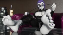 1girls barefoot breasts dc dc_comics dominatrix errbee feet female female_only foot_fetish glasses grey_skin latex looking_at_viewer medium_breasts nipples open_mouth purple_eyes purple_hair purple_nails pussy rachel_roth raven_(dc) sitting soles teen_titans toes wine