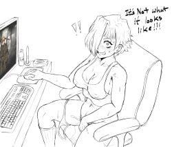 1girls armpit_hair blush bush casper_(artist) caught_in_the_act caught_masturbating computer female female_only fingering_self kromer_(limbus_company) limbus_company masturbation medium_breasts nipple_bulge project_moon pubic_hair sinclair_(limbus_company) solo surprised sweat tagme