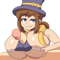 1girls a_hat_in_time aged_up alternate_breast_size bedroom_eyes big_breasts big_penis blue_eyes breasts brown_hair cape covered_nipples erect_nipples erect_nipples_under_bikini erect_nipples_under_clothes erection female hat hat_adult hat_kid huge_breasts huge_cock iggy-bomb long_hair male_pov micro_bikini mostly_nude nipple_bulge older paizuri pov pov_eye_contact scarf smile smug straight