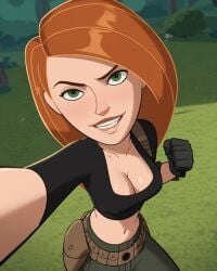 ai_generated belt black_gloves black_shirt breasts brown_hair cleavage clenched_hand crop_top cropped_shirt female gloves grass green_eyes green_pants grin holster kim_possible kimberly_ann_possible long_hair looking_at_viewer medium_breasts midriff nature navel orange_hair outdoors pants pouch reaching reaching_towards_viewer selfie shirt smile solo teeth tree