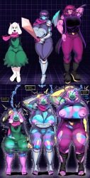 1boy 2girls anthro armband armbands ass axe before_and_after belt big_breasts black_bodysuit black_boots black_hair black_shirt blue-skinned_female blue_skin blue_skinned_female bodysuit boots bracelet bracelets breast_expansion breastplate breasts breasts_bigger_than_head breasts_out cape captain_kirb cloak clothed clothed_female clothing corrupted corruption deltarune female fur furry gigantic_breasts glasses goat green_cloak hair holding_axe holding_sword horns huge_breasts hypnosis kris_(deltarune) kris_female_(deltarune) large_breasts lips long_hair male metal_boots mind_control mind_control_helmet mind_corruption nipples pants pink_hair purple-skinned_female purple_hair purple_pants purple_skin purple_skinned_female ralsei ralsei_with_white_fur reptile ripped_bodysuit ripped_clothes ripped_clothing ripped_pants ripped_shirt round_glasses salute saluting scarf sharp_teeth shirt spiked_armband spiked_armbands spiked_bracelet spiked_bracelets standing susie susie_(deltarune) sword transformation trio voluptuous werewire werewire_transformation white_fur
