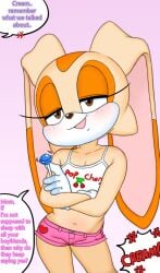 1girl 1girls 2d 2d_(artwork) 2d_artwork animal_ears anthro anthro_female anthro_only anthro_solo blush blushing booty_shorts brat bratty brown_eyes brown_nose bunny bunny_girl cherry cream_the_rabbit cub dialogue dirty_talk english english_text eyelashes female female_cub female_only flat flat_chest flat_chested floppy_ears fur furry furry_female furry_only genitals girly girly_girl gloves heart heart_symbol hoshime lagomorph lolipop lollipop long_ears mammal mobian mobian_(species) mobian_rabbit mouth mouth_open off_screen_character open_mouth pink_pants pink_shorts rabbit rabbit_girl sega shorts small_breasts smug solo solo_anthro solo_female sonic_(series) sonic_team sonic_the_hedgehog_(series) speech_bubble tan_fur text text_bubble tight tight_clothes tight_clothing tight_fit tight_pants video_games young young_anthro young_female