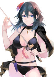 1girls bangs bikini black_bikini black_cape black_swimsuit blue_eyes blue_hair breasts byleth_(fire_emblem) byleth_(fire_emblem)_(female) byleth_(summer)_(fire_emblem)_(female) cape cleavage closed_mouth collarbone commentary_request cowboy_shot dagger female female_only fire_emblem fire_emblem:_three_houses fire_emblem_heroes flower hair_between_eyes hair_flower hair_ornament hand_up highres holding holding_sword holding_weapon jewelry knife large_breasts long_hair looking_at_viewer midriff navel necklace nintendo official_alternate_costume scabbard sheathed sidelocks simple_background single_bare_shoulder solo standing swimsuit sword teal_hair umou_(user_xxhp7583) weapon white_background