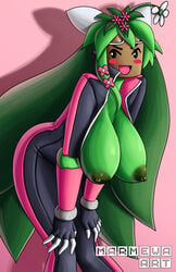 big_breasts blaster_master blaster_master_zero blaster_master_zero_2 breasts_out_of_clothes green_skin jumpsuit kanna_(blaster_master) marmewa mob_face plant_girl plantie tagme