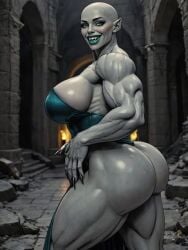 1girls ai ai_generated animated ass bald breasts claws dancing dress exhibitionism exposed_ass exposed_vagina fangs female female_only flaunting green_eyes grey-skinned_female happy huge_breasts indoors large_ass lipstick looking_back_at_viewer muscular muscular_female oc oiled oiled_body oiled_skin original_character pointy_ears ruins slit_dress solo solo_female sound standing strapless_dress striptease teal_lipstick vagina vampire vampire_girl vascular video voluptuous voluptuous_female