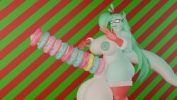 16:9 3d balls big_balls big_breasts breasts christmas christmas_clothing clothing eyewear genitals glasses green_hair gynomorph hair hi_res holidays intersex lizard penis reptile rose_(fairyfud) scalie solo widescreen z-z
