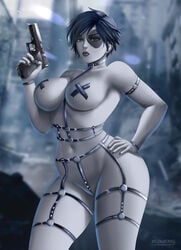 1girls big_breasts black_hair blue_eyes bob_cut bondage_outfit domino_(marvel) female female_focus female_only flowerxl gun marvel marvel_comics mutant neena_thurman nipples nipples_visible_through_clothing pale-skinned_female pasties short_hair solo solo_female solo_focus thick_thighs x-force x-men