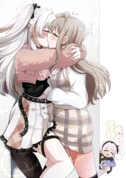4girls ^_^ absurdres blonde_hair breasts brown_hair canon_couple closed_eyes commentary_request d4dj female/female female_only french_kiss grabbing_another's_breast groping heart highres ichihoshi_lumina japanese_text kaibara_michiru kissing lesbian_kiss long_hair long_sleeves mito_youki multiple_girls nipples open_mouth shinomiya_kokoa smile speech_bubble tendo_hayate text translation_request unichord yualo yuri