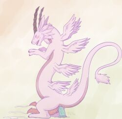 2_penises absurd_res animal_genitalia animal_penis bandai_namco bodily_fluids cloacal cloacal_penetration cloacal_penis closed_eyes cum cum_while_penetrated cumshot digimon digimon_(species) dildo dragon ejaculation feral feral_only genital_fluids genitals hands-free hemipenes hi_res horn leaking leaking_fluids magnadramon male male_only multi_genitalia multi_penis mythological_creature mythological_scalie mythology open_mouth p.v.su penetration penis pink_body scalie sex_toy solo tail wings