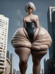 ai_generated bbw black_legwear blindfold blindfolded blindfolded_female bob_cut bottom_heavy cellulite cellulite_ass chunky_thighs city city_background cityscape civitai covered_pussy deep_skin doughy_ass doughy_butt enormous_ass extreme_cellulite fat_ass fat_hips fishnet_legwear fishnets giantess huge_areolae huge_nipples hyper hyper_ass hyper_hips latex leotard lips messygirls nier:_automata nier_(series) obese obese_female pale_skin rumbling shiny_clothes shiny_skin size_difference skindentation small_breasts tagme tall_female taller_female taller_girl video walking walking_towards_viewer white_hair yorha_2b