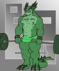 2018 abs abstract_background absurd_res anthro azu_cacti barazoku barbell bodily_fluids body_writing bracelet bulge clothed clothing deadlift digitigrade dragon ear_piercing ear_ring exercise hi_res horn jewelry male male_only muscular muscular_anthro muscular_male navel nightterror nipples pecs piercing quads reptile scalie simple_background solo spiked_bracelet spikes standing sweat underwear underwear_only weightlifting weights workout