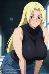 1female 1girls 2026 ai_generated artist_name bangs bare_shoulders belt big_ass big_breasts black_shirt blonde_hair blue_pants blush breasts brown_belt brown_eyes closed_mouth curvy denim female female_only hi_res high_quality high_resolution highres huge_ass huge_breasts indoors jeans jujutsu_kaisen large_breasts leaning_forward long_hair looking_at_viewer mature_female pants patreon patreon_username shirt sleeveless sleeveless_shirt smile solo sweat unjobdespiert watermark web_address window yuki_tsukumo