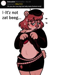 2022 accent anthro bear belly beret blarf022 bra clothed clothing clothing_lift embarrassed english_text female freckles french_accent hat headgear headwear hi_res mammal q&a sherry_bear_(blarf022) shirt shirt_lift slightly_chubby slightly_chubby_female solo text topwear underwear