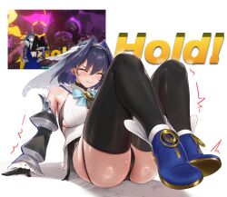 1girls absurdres ankle_boots ass black_gloves black_panties black_shirt black_skirt black_thighhighs blue_boots blue_bow blue_bowtie blue_hair boots bow bow_earrings bowtie breasts chain_headband chains closed_eyes closed_mouth cropped_shirt detached_sleeves earrings female female_only frilled_skirt frilled_sleeves frills gloves grey_sleeves headband high_heel_boots high_heels highres hololive hololive_english jewelry juliet_sleeves large_breasts long_sleeves miniskirt ouro_kronii ouro_kronii_(1st_costume) padoruu panties pinstripe_pattern pinstripe_shirt pinstripe_skirt puffy_sleeves sailor_collar screenshot_inset shirt shoe_soles short_hair simple_background skirt solo thighhighs underwear veil vest virtual_youtuber white_background white_sailor_collar white_veil white_vest