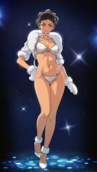 1girls black_hair blue_eyes bottomwear bra breasts choker cleavage coat diantha_(pokemon) fashion_model female female_only footwear full_body game_freak hair handwear heels high_heels hips lace lace-trimmed_bra lace-trimmed_panties lace_trim legs lingerie medium_breasts mittens model neckwear pageantry pokemon pokemon_xy realistic_proportions smile solo solo_female supermodel thighs topwear underwear vivivoovoo white_bra white_coat