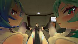 2girls 3d barefoot blue_eyes blue_hair blush garry's_mod giant giantess green_eyes green_hair grin hatsune_miku hatsune_miku_(append) heart-shaped_pupils looking_at_viewer poor_job simpleguy sitting small_room smiling vocaloid window