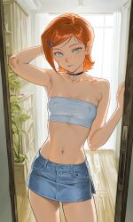 ai_generated ben_10 choker covered_nipples denim_skirt green_eyes gwen_tennyson navel red_hair short_hair short_skirt skirt tube_top