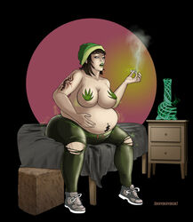 1girls ass_expansion belly belly_expansion big_belly bong brown_hair chubby female green_lipstick marijuana nipple_pasties okayokayokok smoking solo_female substance_intoxication tattoo torn_clothes weight_gain