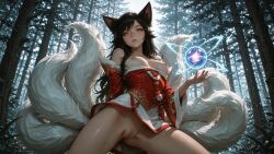 4k ahri ahri_(league_of_legends) ai_generated animal_ears bangs bare_shoulders black_hair breasts breasts_out detached_sleeves dress facial_markings female forest fox_ears fox_tail fox_tails league_of_legends long_hair looking_at_viewer multiple_tails nature nipples no_panties outdoors pussy solo spell stable_diffusion tail tails tree uncensored wetartist whisker_markings yellow_eyes