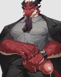 anthro bodily_fluids clock clothing dragon dripping fuguri genital_fluids genitals hi_res horn male muscular muscular_male mythological_creature mythological_scalie mythology necktie orange_eyes penis precum precum_drip red_body red_scales ring scales scalie solo suit sweat sweatdrop watch yellow_sclera