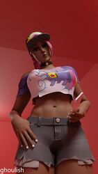1girls 3d abs beach_bomber brite_bomber brown_eyes cap choker dark-skinned_female epic_games eyelashes female fortnite ghoulishxxx hat looking_at_viewer petite phone pink_eyeshadow pink_hair ponytail tagme