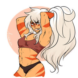 abs armpits braid curvy curvy_body curvy_female curvy_figure curvy_hips fit fit_female hair_lift hands_behind_head jasper_(steven_universe) long_hair looking_at_viewer muscular_female panties partially_clothed seductive seductive_eyes seductive_look seductive_smile smile sports_bra steven_universe tagme thick_thighs