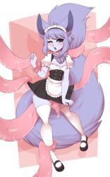 ambiguous_gender anthro big_tail blue_tongue blush canid canine chest_tuft clothed clothing digital_media_(artwork) fennec flustered fox fur girly hair hi_res humanoid kyle_(kaikaikyro) legwear maid_headdress maid_uniform male mammal open_mouth purple_body purple_fur purple_hair re-sublimity-kun simple_background solo stockings tail_grab teasing tentacle thigh_highs tongue tuft uniform