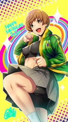 atlus big_breasts bike_shorts bottomwear brown_eyes brown_hair clothed_female clothing female female_focus female_only gentle_sasaki nipples nipples_visible_through_clothing persona persona_4 satonaka_chie solo solo_female solo_focus sports_bra sportswear topwear