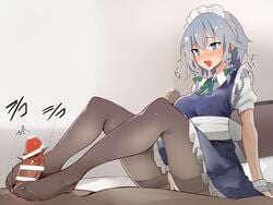 bar_censor blue_eyes blue_hair blush braid censored commentary_request eyebrows_visible_through_hair feet female footjob fully_clothed grey_legwear kamukamu_(ars) maid maid_headdress open_mouth pantyhose penis puffy_short_sleeves puffy_sleeves sakuya_izayoi short_hair short_sleeves sitting solo_focus straight touhou twin_braids