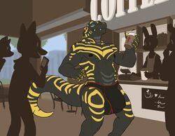 anthro balls big_bulge bulge clothed clothing dinosaur flaccid genitals group hi_res inside male markings mostly_nude mukitanuki muscular muscular_male penis reptile scalie shocked standing theropod topless tyrannosaurid tyrannosaurus tyrannosaurus_rex underwear yellow_markings