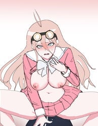 1boy areolae blonde_hair blush cowgirl_position danganronpa danganronpa_v3 female goggles hair_between_eyes highres imminent_sex iruma_miu large_breasts long_hair looking_at_viewer navel new_danganronpa_v3 nipples open_mouth presenting_breasts saihara_shuuichi seongkun shirt_lift sitting_on_person skirt straight straight_hair sweat thick_thighs uniform unseen_male_face