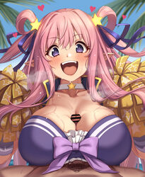 1boy :d absurdres bangs bar_censor bare_shoulders blue_ribbon blush breasts censored choker cleavage collarbone commentary_request eyebrows_visible_through_hair female floating_hair hair_between_eyes hair_ornament hair_ribbon hair_rings hatsune_(princess_connect!) heart heavy_breathing highres large_breasts long_hair looking_at_viewer male_pubic_hair momo_no_sukebe open_mouth paizuri penis pink_hair pointy_ears pom_poms princess_connect! princess_connect!_re:dive pubic_hair purple_eyes ribbon smile solo_focus star_(symbol) star_choker star_hair_ornament straight sweat two_side_up very_long_hair white_choker