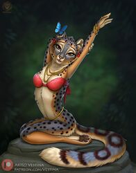 anthro arthropod bra bracelet butterfly clothing ear_piercing ear_ring felid female fur hi_res insects jewelry lepidopteran looking_at_viewer mammal necklace pantherine piercing snow_leopard solo spots spotted_body spotted_fur text underwear url vestina